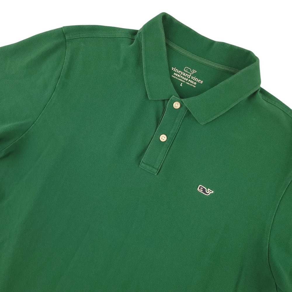 Vineyard Vines Heritage Polo Shirt Mens L Green Solid Cotton Whale Logo Top
